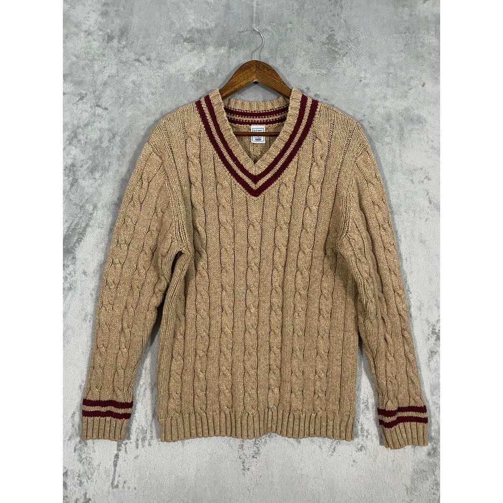 Old Navy Sweater Sz L Tan Cable Knit V-Neck Chunky Merino Wool Blend Varsity VTG